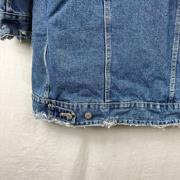 Zara TRF Denim Wear Distressed Long Jacket Womens Small S Slouchy Punk Faux Fur‎ - Picture 7 of 16
